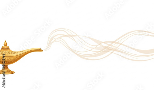 Ornate Arabian genie lamp with flowing smoke trail in horizontal composition vector isolated on white background