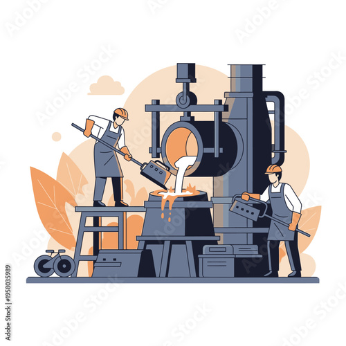 Industrial Foundry Workers Pouring Molten Metal.