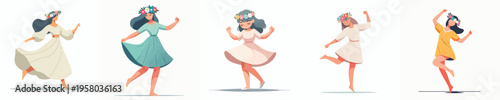 vector of a woman dancing happily wearing a flower crown during spring