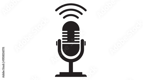 Microphone icon broadcasting sound waves, representing audio transmission, digital signals, and wireless communication in a simple black graphic.
