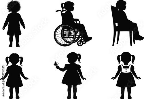 Children silhouette diversity, inclusive illustration, wheelchair child, playful kids, family unity, childhood connection, vector art, caring concept, growth development, equality