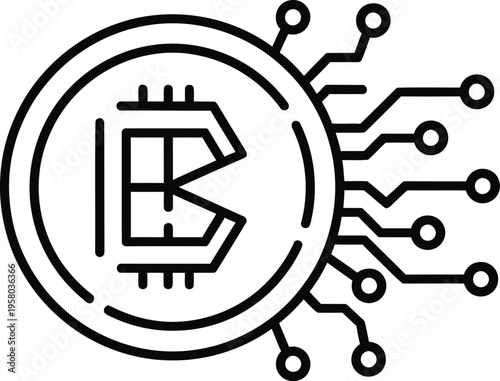 Bitcoin cryptocurrency logo with circuit board design elements