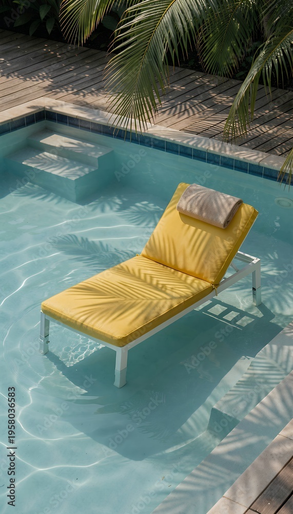 Fototapeta premium Yellow Pool Lounger with Pillow in Tropical Swimming Pool Setting