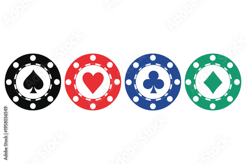 Colorful set of four poker chips with spade heart club and diamond symbols for gaming and gambling themes