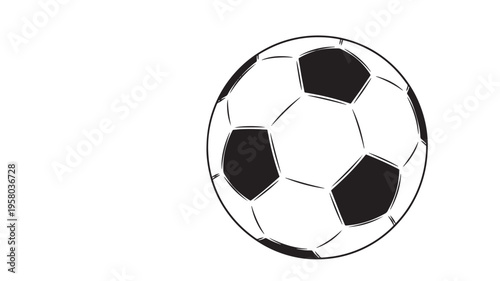Soccer ball with traditional black and white pentagon and hexagon panels, depicted in a minimalist graphic style on a white background.