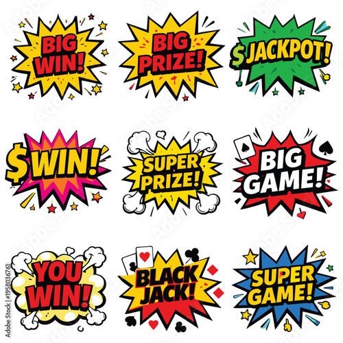 Colorful explosive comic book style text effects with winning and gaming themes isolated on transparent background perfect for promotions and advertisements