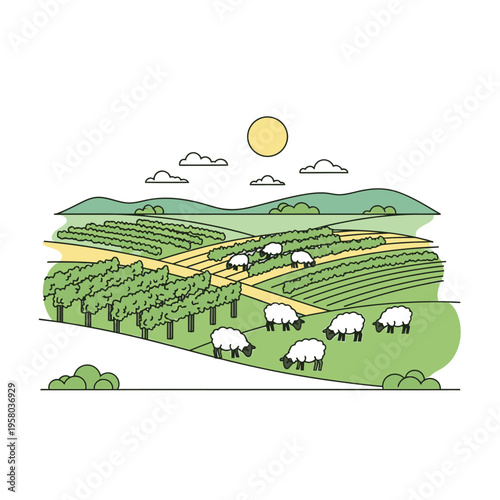 Fluffy Sheep Grazing in a Lush Green Pasture Under the Sun.