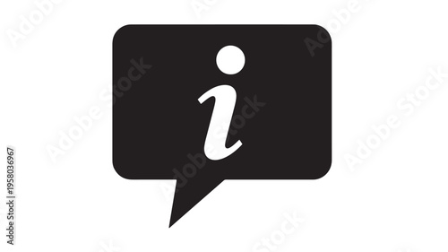 Speech bubble icon with a white letter 'i' and a dot, signifying information or help, on a black background.