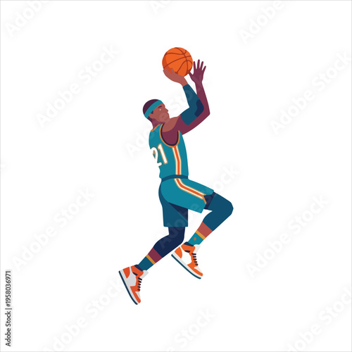 Dynamic basketball player in mid-air jump shot action.