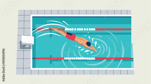 Dynamic swimmer in a red swimsuit diving into a turquoise pool.
