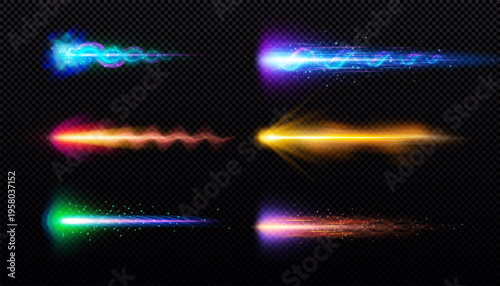 A set of neon multicolored gunshot trails, magic weapons, glowing smoke trails with sparks.