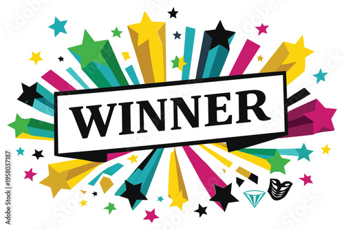 Colorful winner announcement design with vibrant starburst and celebratory elements perfect for awards contests and achievements