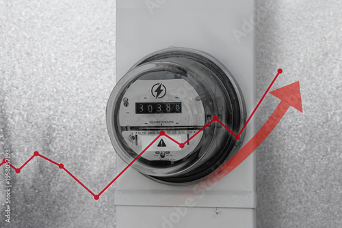 Foto Close-up of a residential electric meter showing kilowatt-hour usage, overlaid w