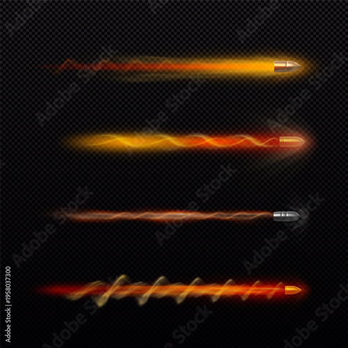 Realistic set of flying bullets with smoke trace on dark background, vector gunshot fire trail, projectiles streaks