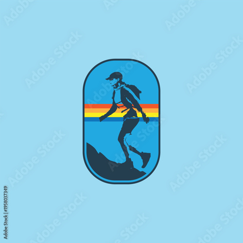 minimalist vector illustration depicting a person hiking uphill, wearing a cap and a backpack. 