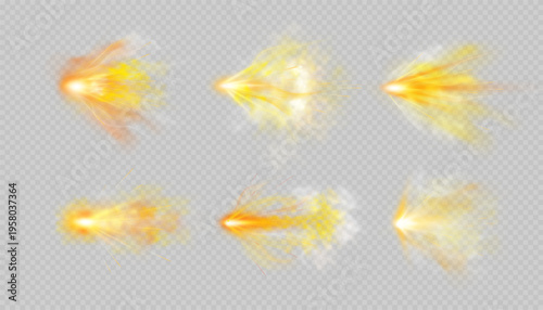 Gun shot with orange fire and smoke effects vector set, weapon firing blast, realistic flying gun bullet explosion trail