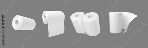 White hygiene tissue roll mock up vector set, 3D realistic kitchen towel, bathroom sanitary tube wrap napkin scroll