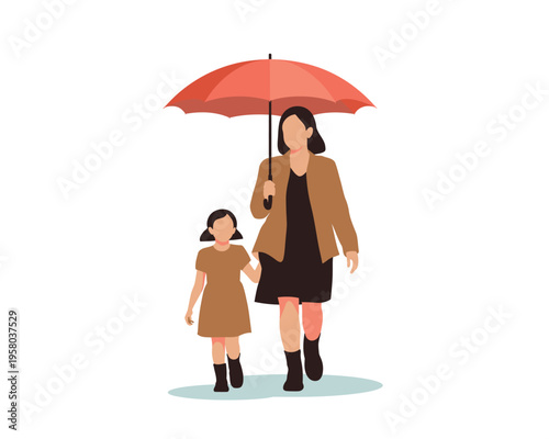 A woman and a little girl walking together under a red umbrella on a rainy day