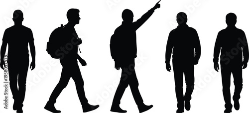 Black silhouette vector collection of men walking, carrying backpacks, and pointing, featuring diverse poses for travel, urban life, and adventure.