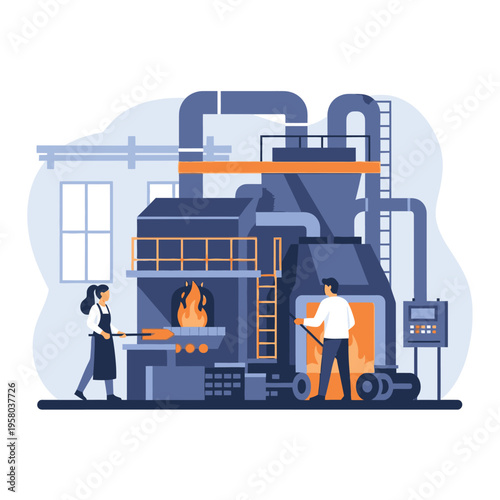 Industrial Glass Manufacturing Process with Workers.