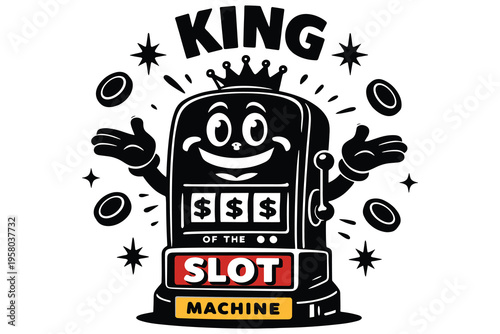 Cute cartoon slot machine character with a crown and smiling face surrounded by coins and stars celebrating victory