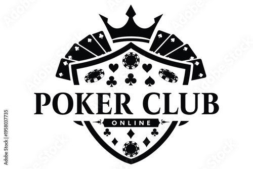 Creative poker club logo design with playing cards poker chips and crown emblem perfect for online gaming community