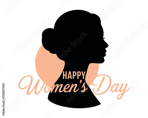 A silhouette of a woman celebrating Happy Women's Day with a peach-colored background and text
