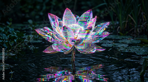 Surreal conceptual digital art of a glowing lotus flower with glitch effect and data corruption, emerging from dark pond water
