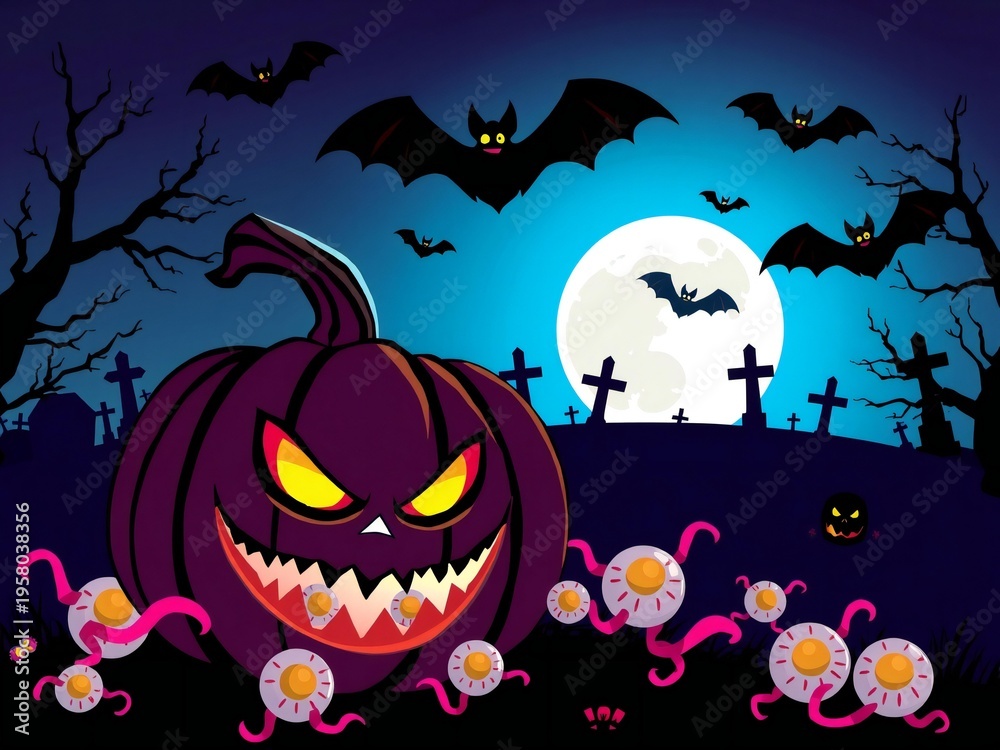 Fototapeta premium Spooky halloween scene with a giant evil pumpkin and flying bats