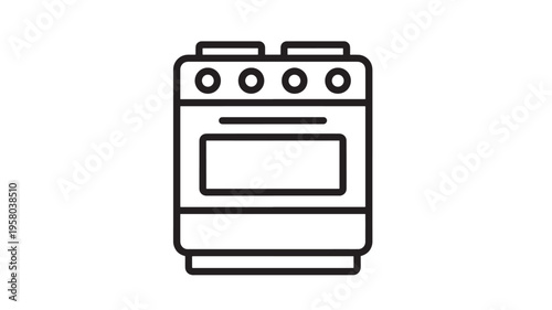 Stove top icon with four burners and oven door, simple line art illustration representing a kitchen appliance for cooking.