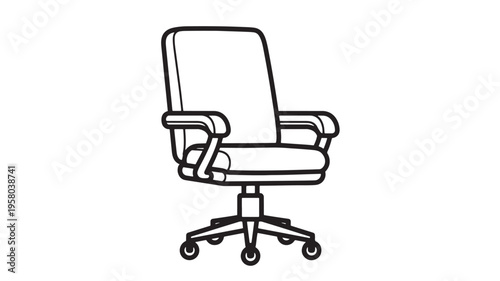 Office chair with armrests and wheels, a simple line art illustration for comfort and mobility in modern workspaces.