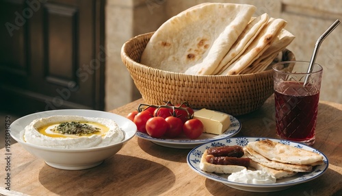 Traditional Breakfast, bread, cheese, tomato and hummus