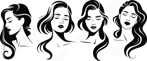 Elegant women's hairstyle profile silhouettes set with long wavy hair for beauty salon and fashion branding design.