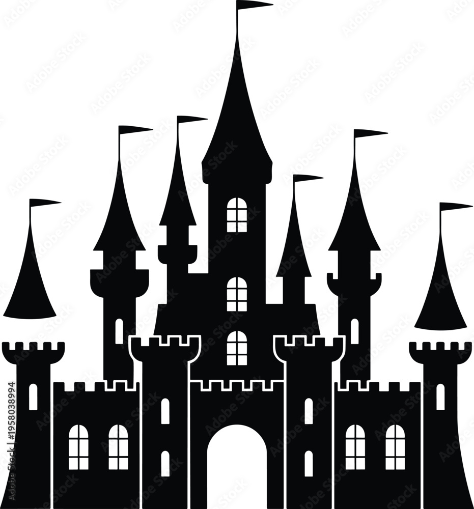 Fototapeta premium Black fairytale castle silhouette with multiple towers and flags for fantasy storybook themes and magical kingdom branding design.