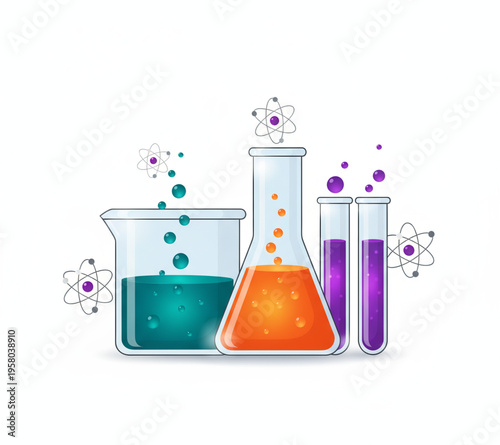Vibrant colorful liquid fills laboratory glassware including a chemical test tube, beaker, and flask for scientific research and medical analysis during a chemistry experiment in the lab