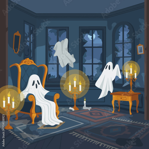 Cute Ghosts in a Haunted House Spooky Interior Illustration