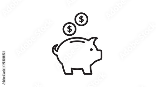 Piggy bank icon with coins dropping in for saving money, representing financial planning and wealth accumulation, vector art.