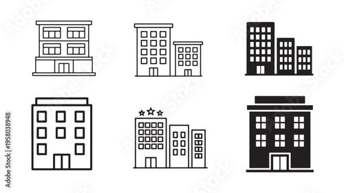 Buildings set icon with hotel stars and solid filled building silhouette for architecture concepts featuring urban, city, apartment with office and