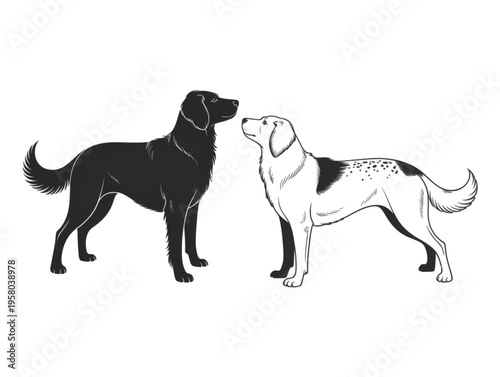 Two dogs standing facing each other, black silhouette and white line art vector illustration