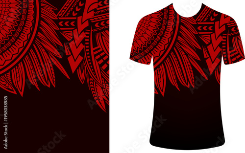 Red and Black Polynesian Tribal Pattern T-Shirt Vector Template, Traditional Cultural Dress Texture