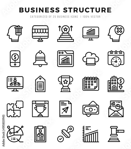 Set of Business Structure Icons. Simple line art style icons pack.