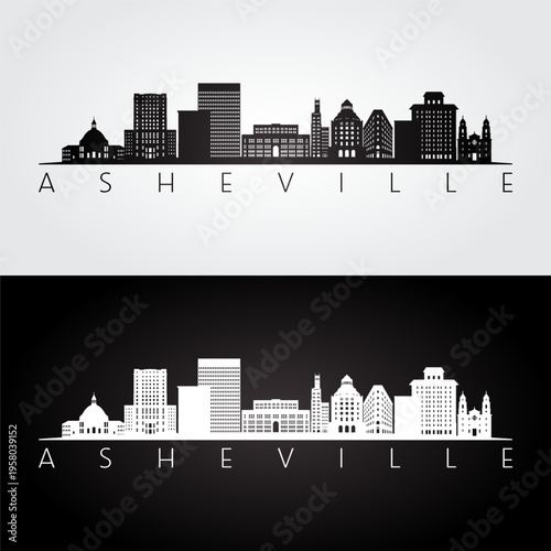 Asheville, NC skyline and landmarks silhouette, black and white design, vector illustration.  