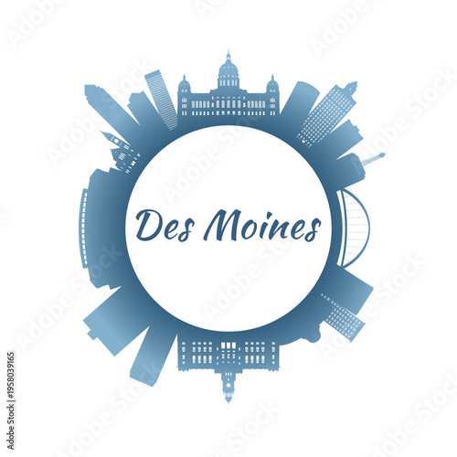 Des Moines skyline with colorful buildings. Circular style. Stock vector illustration
