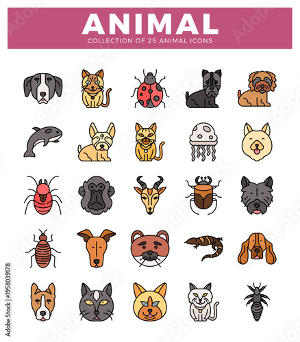 animal icons in colorful flat illustrations on white background.