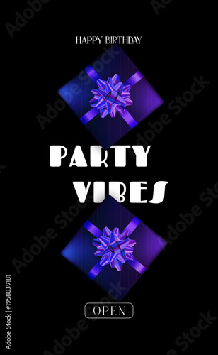 Bold text and vibrant colors create an energetic party atmosphere with gifts