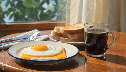 Traditional breakfast, eggs and cheese and black coffee