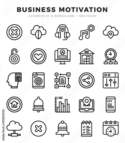 Business Motivation Lineal icons collection. Lineal icons pack. Vector illustration