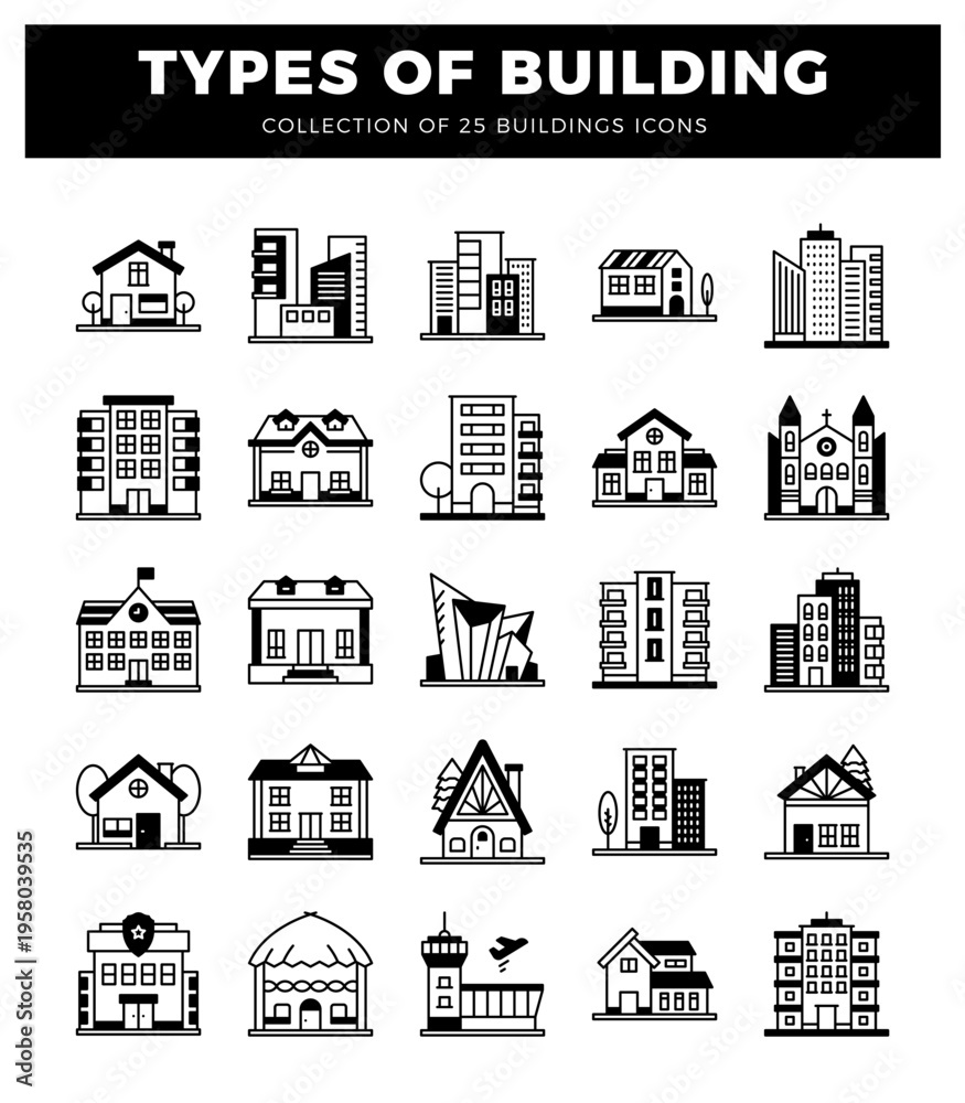 Fototapeta premium building icons including houses. apartments. churches. and modern skyscrapers.