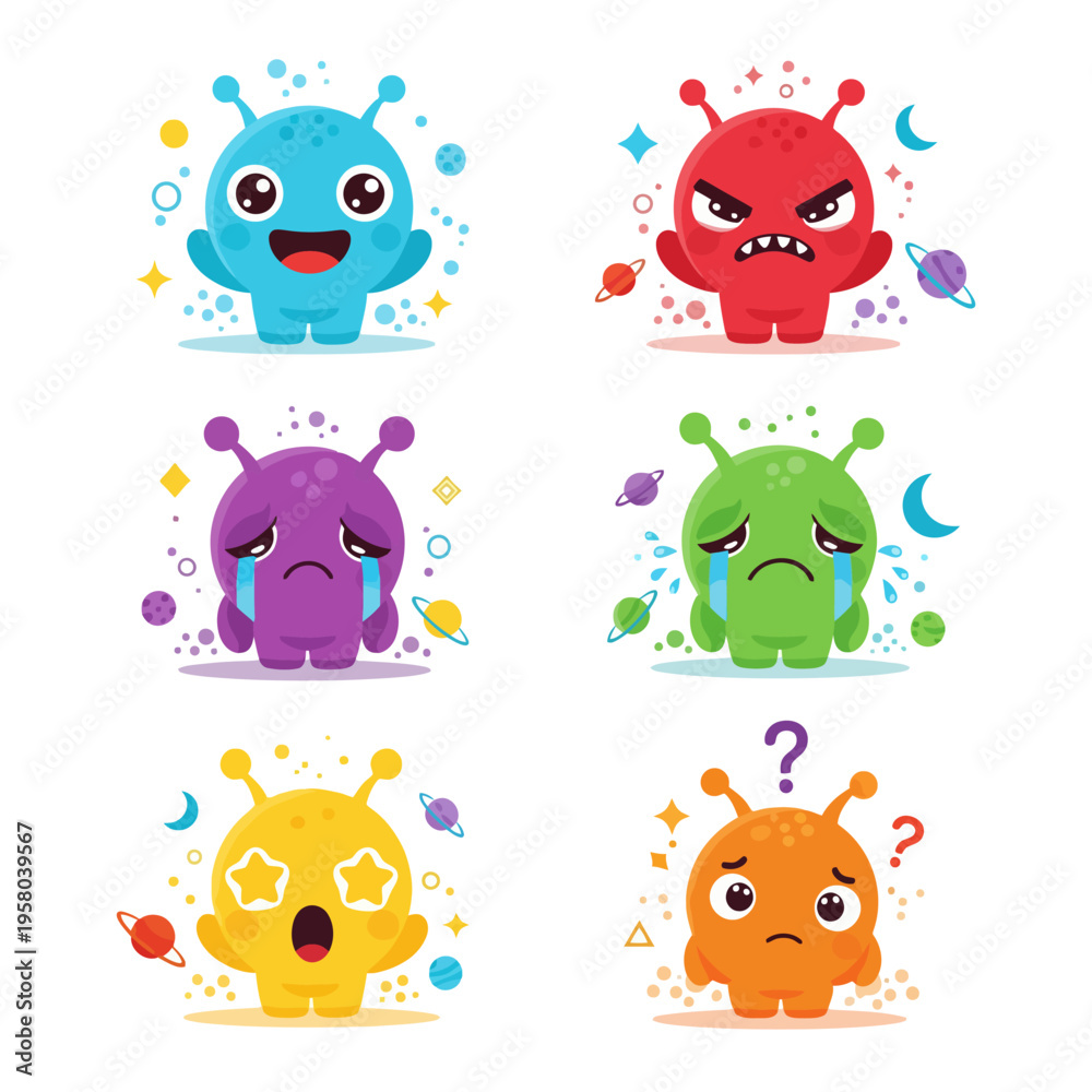 Obraz premium Cute Alien Emoticon Set with Different Moods and Space Icons