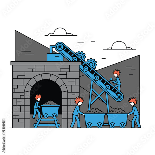 Industrial mining operation with workers and machinery.